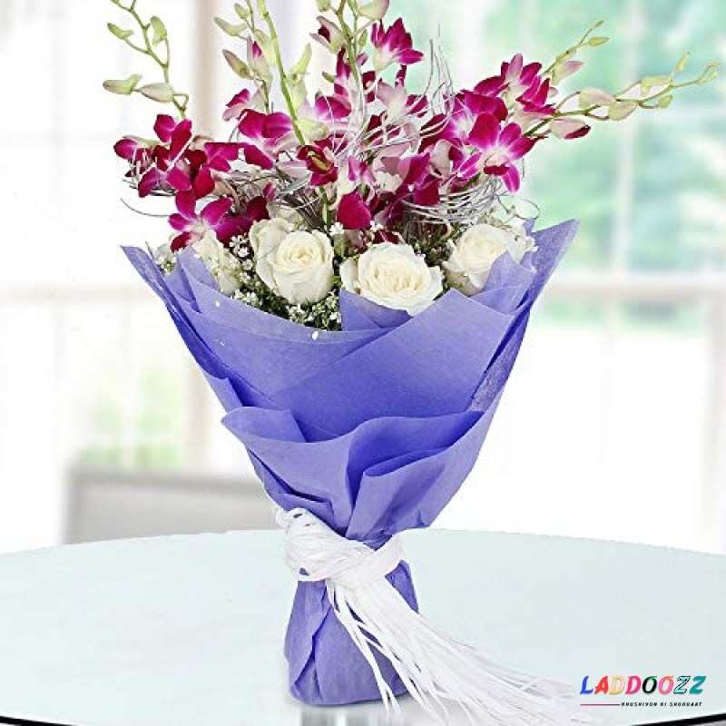 Fresh flowers bunch of 6 purple orchid and 12 white roses